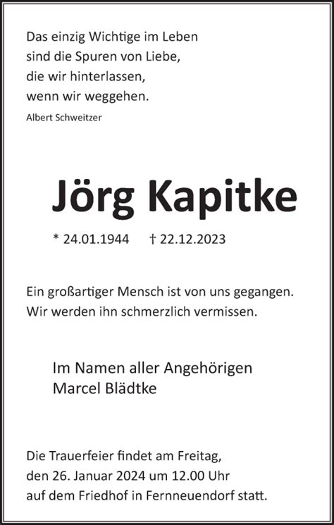 Traueranzeigen von Jörg Kapitke Märkische Onlinezeitung Trauerportal