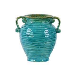 Ceramic Turquoise Gloss Ribbed Design Round Bellied Vase With Tapered