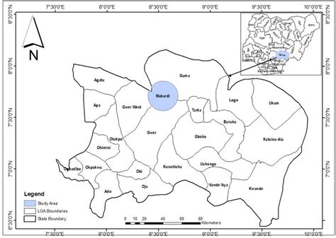 Nigeria showing the location of Benue State (Inset) and Benue State ...