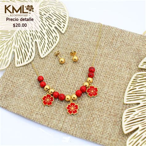 Set Dorado Flor Hibiscus Roja Kml Accesorios