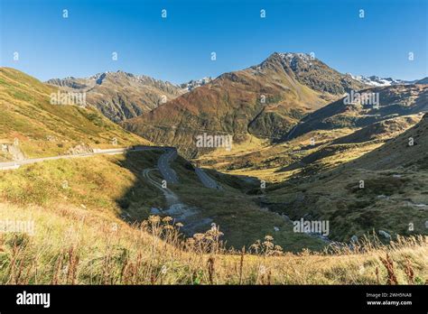 Mountain Landscape With Pass Road At Oberalp Pass A Mountain Pass