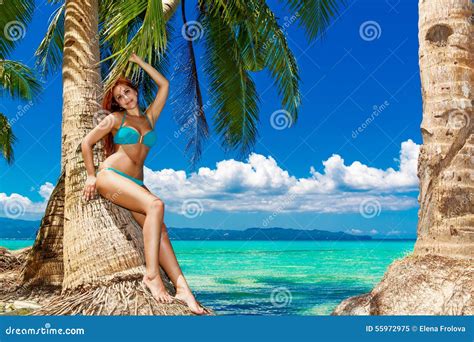 Young Beautiful Woman Under The Palm Trees On A Tropical Island Stock