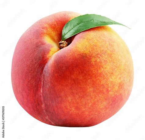 Ripe Whole Peach Fruit With Green Leaf Isolated On Transparent