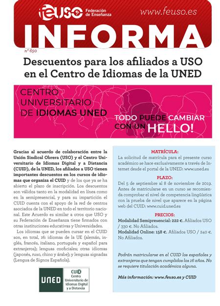 Federación de Enseñanza de USO Descuentos para los afiliados a USO en