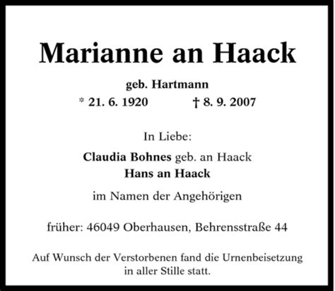 Traueranzeigen Von Marianne An Haack Trauer In NRW De