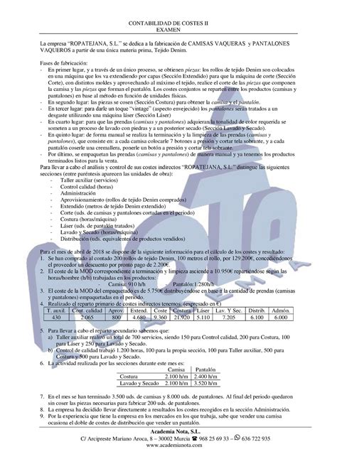 Examen Junio Preguntas Y Respuestas Contabilidad De Costes