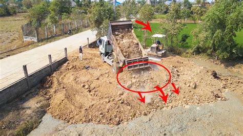 Incredible Mighty Mini Bulldozer Showing Skill Moving Soil In To Pond