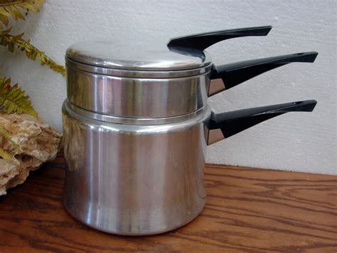 Vintage Mirro Aluminum Quart Double Boiler Art Deco Design Usa