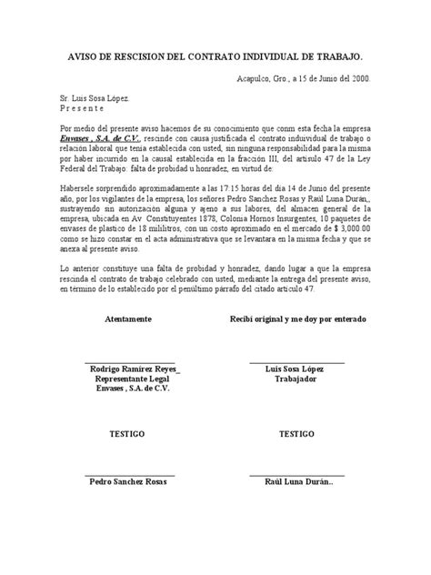 Modelo De Aviso De Rescision Del Contrato Individual De Trabajo Pdf