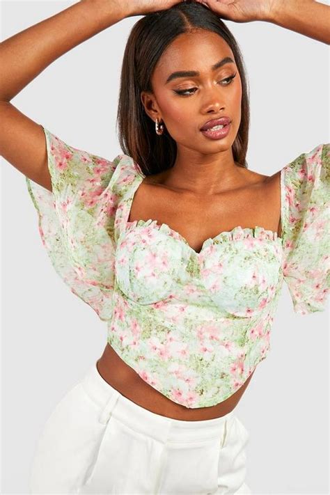 Green Angel Sleeve Floral Corset Top Boohoo Uk