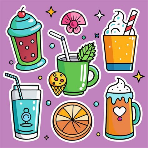 Colorful Cartoon Sticker Set Of Drinks Including A Smoothie Lemonade