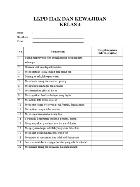 Lkpd Hak Dan Kewajiban Kelas 4 Pdf