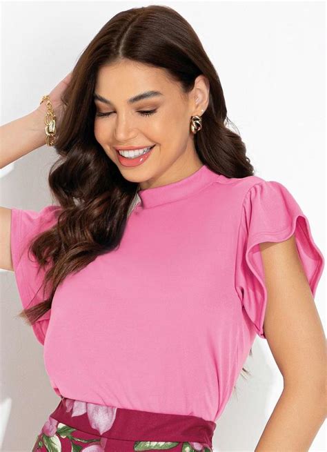 Blusa Rosa Gola E Babado Na Cava Moda Pop