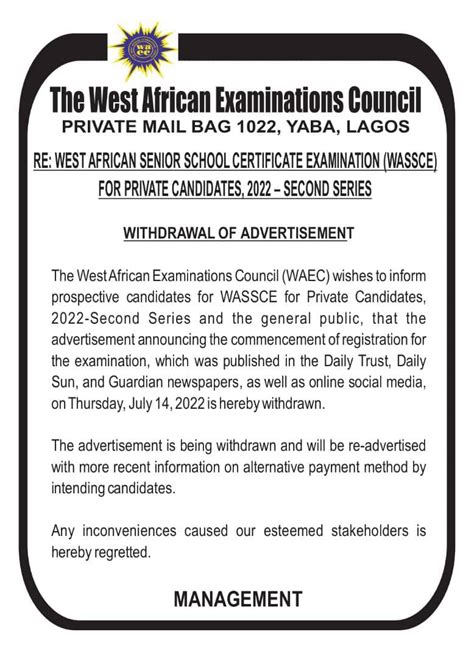 WAEC Withdraws Advert For 2022 Second Series GCE Registration