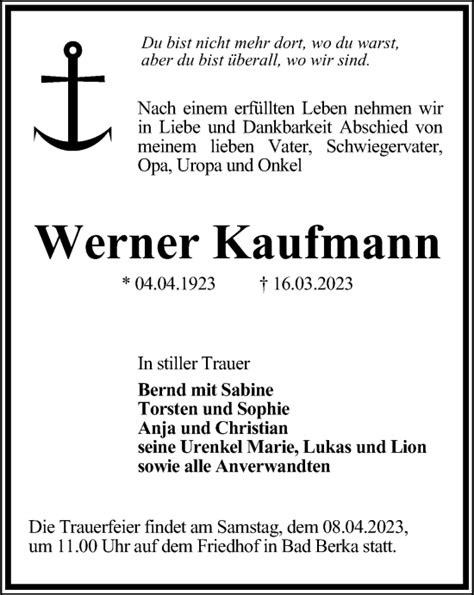 Traueranzeigen Von Werner Kaufmann Trauer In Thueringen De