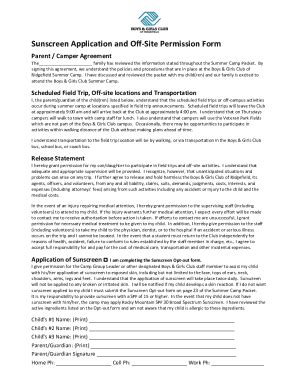 Fillable Online Sunscreen Application And Off Site Permission Form Fax