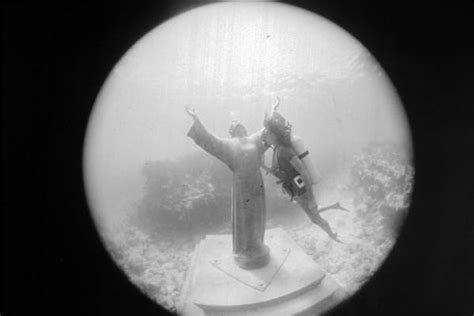 Florida Memory Diver With Christ Of The Abyss At John Pennekamp Coral