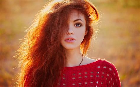 Women Blue Eyes Redhead Sweater Sunlight Looking At Viewer Women Outdoors Blurred Wavy