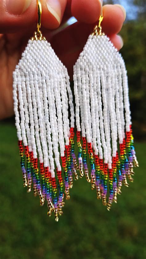 White Rainbow Beaded Earrings Rainbow Long Earrings Colorful Etsy