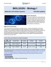 BIOL1010 Syllabus F2022 Final Pdf BIOL1010U Syllabus Fall 2022