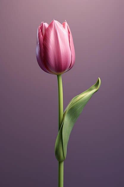 Premium Photo A Pink Tulip With Green Leaves On A Purple Background