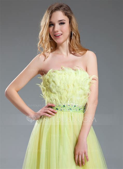 A Line Princess Strapless Asymmetrical Tulle Prom Dress With Beading