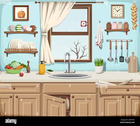 Vector Illustration Of A Kitchen Interior With A Sink A Window And