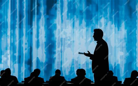 premium photo  man stands  front   large audience giving