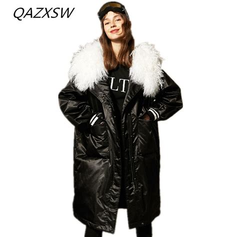 Qazxsw Inverno Nova Jaqueta Grande Gola De Pele Das Mulheres Longa