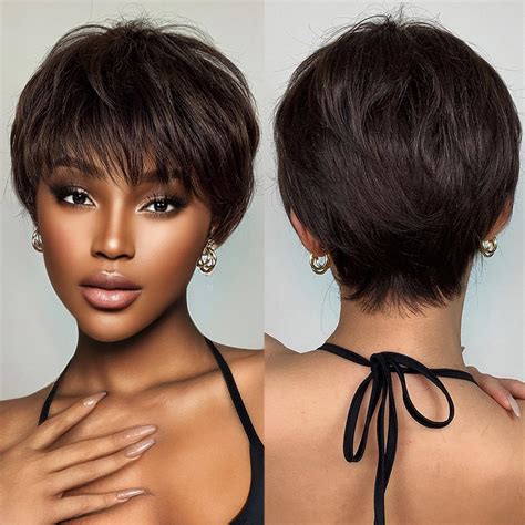 Allbell Short Pixie Cut Wigs With Bangs Dark Brown Bob Wigs