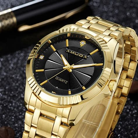 Amuda Gold Men Clock Luxury Business Watch Full Steel Quartz Watch Man Wrist Watch Golden Watch