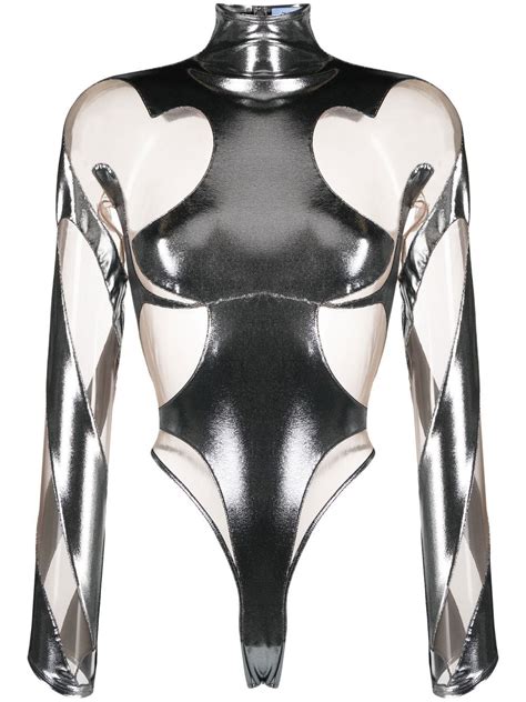 Mugler Metallic Cut Out Bodysuit Silver FARFETCH