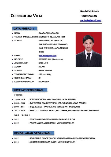 Contoh Cv Curriculum Vitae Atau Daftar Riwayat Hidup Terbaru 2016