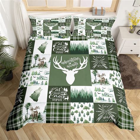 Green Hunting Deer Duvet Cover For Lodge Decor Rustic Deer Moose