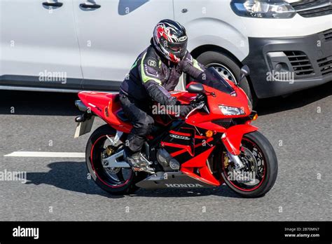 Red Honda Cbr Motorcycle Rider Two Wheeled Transport Modern Vehicles