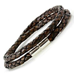 Mens Braided Leather Bracelet Sterling Silver Twist Clasp Antique Brown