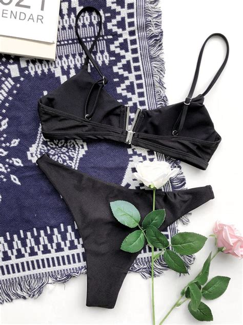 Solid V Neck Tank Bikini Sets With Zipper Power Day Sale