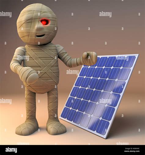 Cool 3d Cartoon Egyptian Mummy Monster Standing By A Renewable Energy Solar Panel 3d