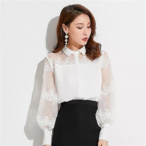 B003 Elegant Sheer Puffy Sleeve Organza Long Sleeve Women Blouse In