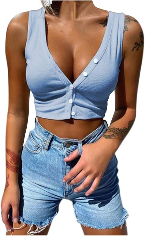 Cocila Damen Tank Tops Sexy Brustknöpfe Y2k Crop Tops Einfarbig V Ausschnitt Bauchfreie Tanktops