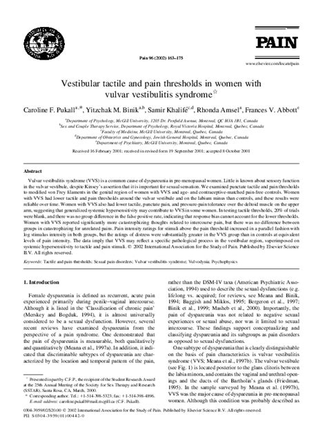 Pdf Vestibular Tactile And Pain Thresholds In Women With Vulvar Vestibulitis Syndrome Rhonda