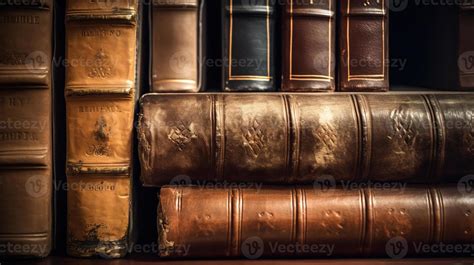 A Stack Of Antique Leather Books In A Vintage Library 23122957 Stock