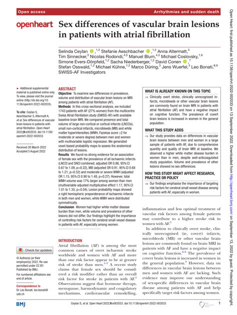 Pdf Sex Differences Of Vascular Brain Lesions In Patients With Atrial Fibrillation