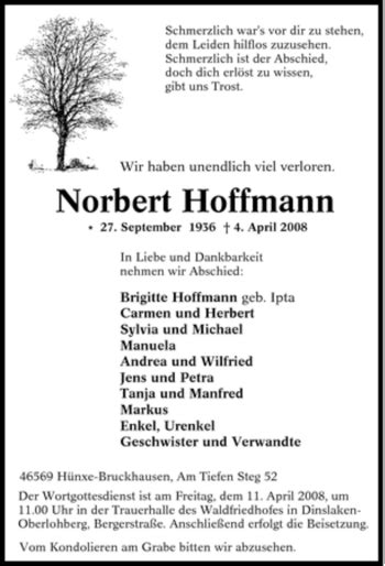 Traueranzeigen Von Norbert Hoffmann Trauer In Nrw De