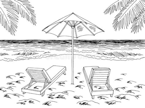 Sea Coast Beach Graphic Black White Landscape Sketch Illustration