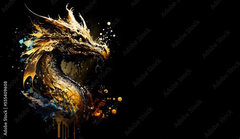 Gold Dragon Head On A Black Background Generative Ai Illistration Of