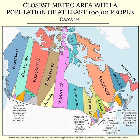 Canada Divided By Closest Metro Area With At Least 100000 People