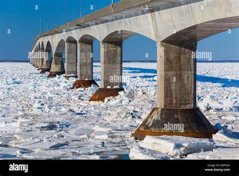 A winter view of the Confederation Bridge that links Prince Edward Island, Canada with mainland ...