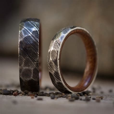 Wood Darkened Stainless Damascus Wedding Bands Hammered Etsy