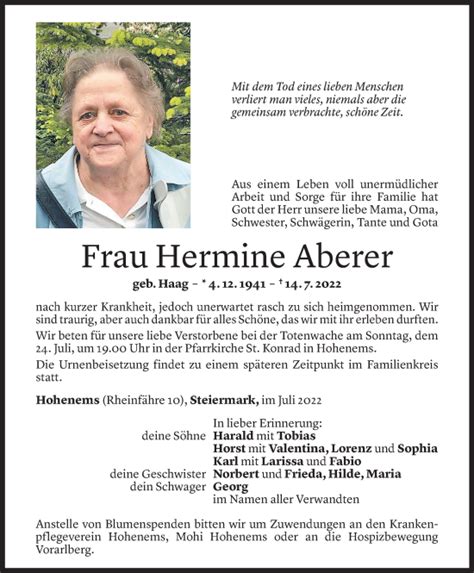 Todesanzeigen Von Hermine Aberer Todesanzeigen Vorarlberger Nachrichten